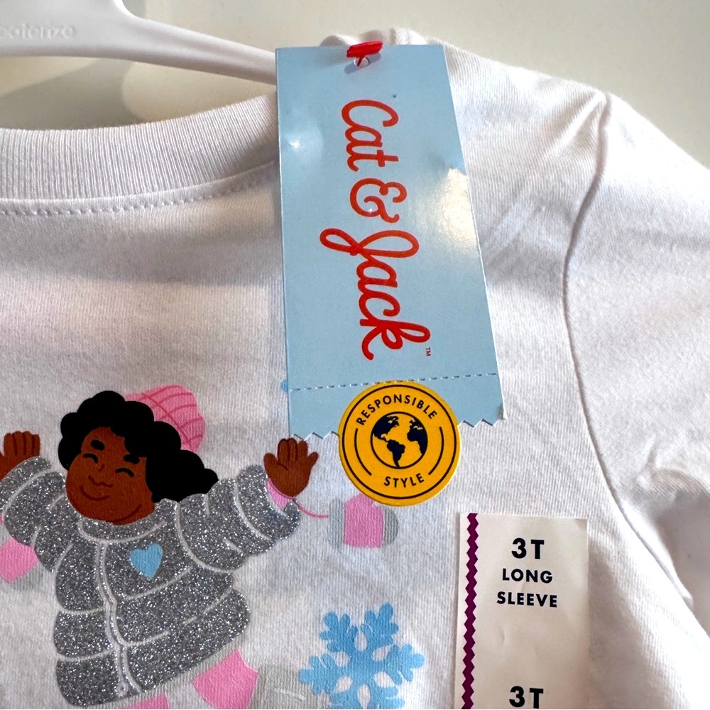 Cat & Jack White Toddler Girl Kids Long Sleeve White Holiday Shirt Top New 3T - Picture 4 of 7